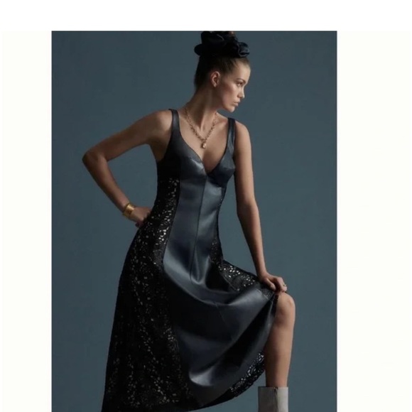 Anthropologie NWOT Faux Leather & Lace Midi Dress size 6 - Picture 4 of 8